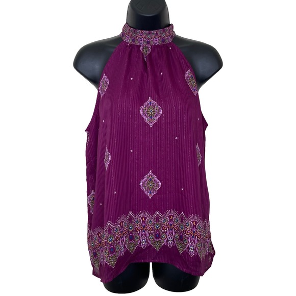 Loft Shimmer Stripe Mosaic Bow Back Halter Top Purple Paisley Womens S‎ NWT - Picture 2 of 10